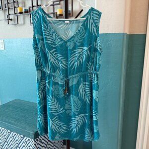 Palmwave Ladies’ Hawaiian Aloha Dress / Swim Cover-Up, Teal Leaves, size XL